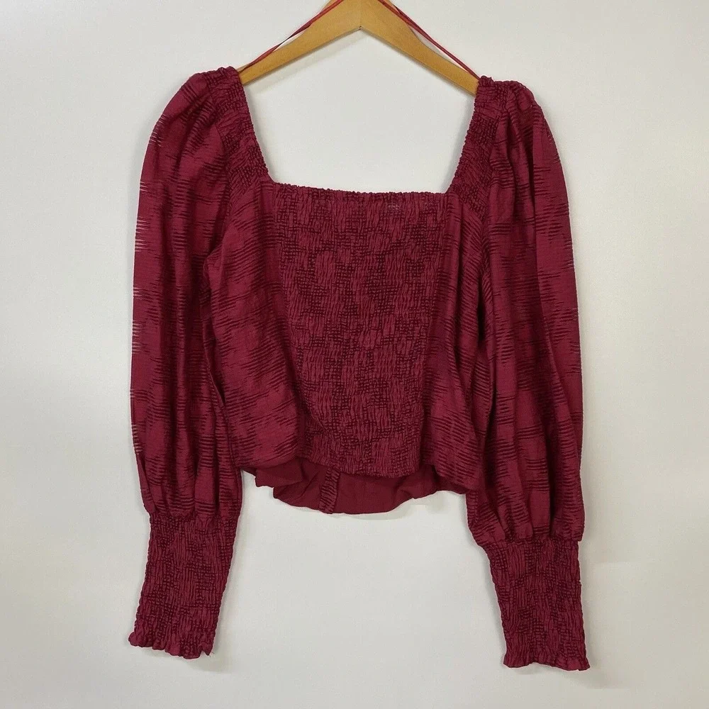 by ANTHROPOLOGIE Romantic Women's Top Medium Burgundy Puff-Sleeved Leaf Print - Picture 3 of 10